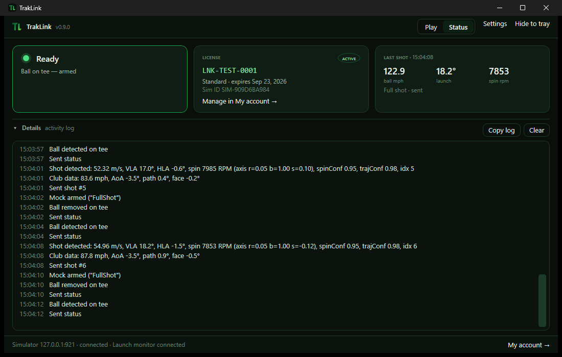 TrakLink showing licence status, the last shot, and its activity log